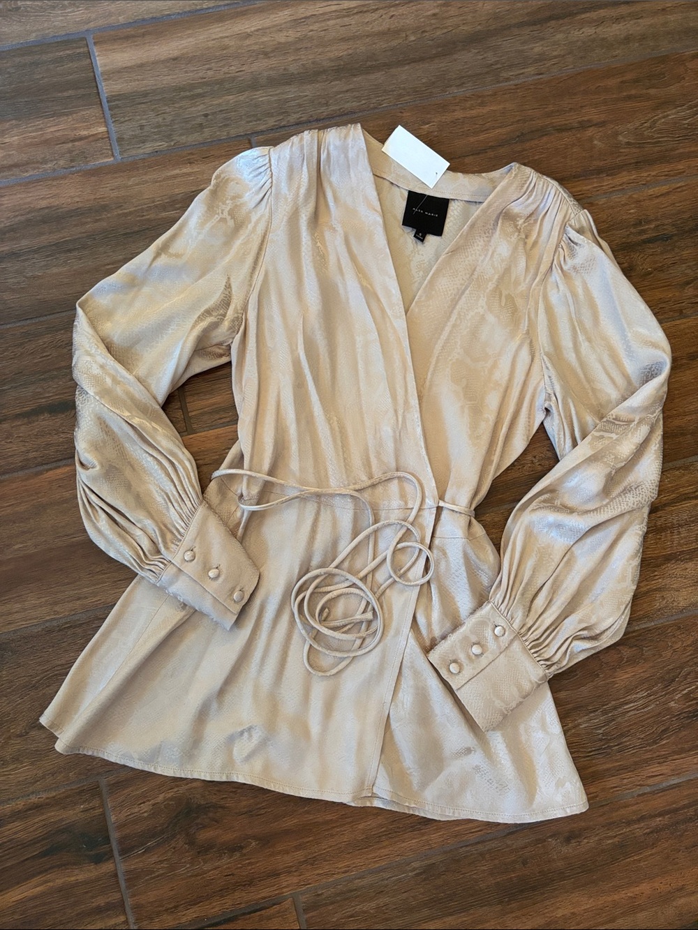 NWT Alex Marie Silky Champagne Wrap Blouse with Tie Waist